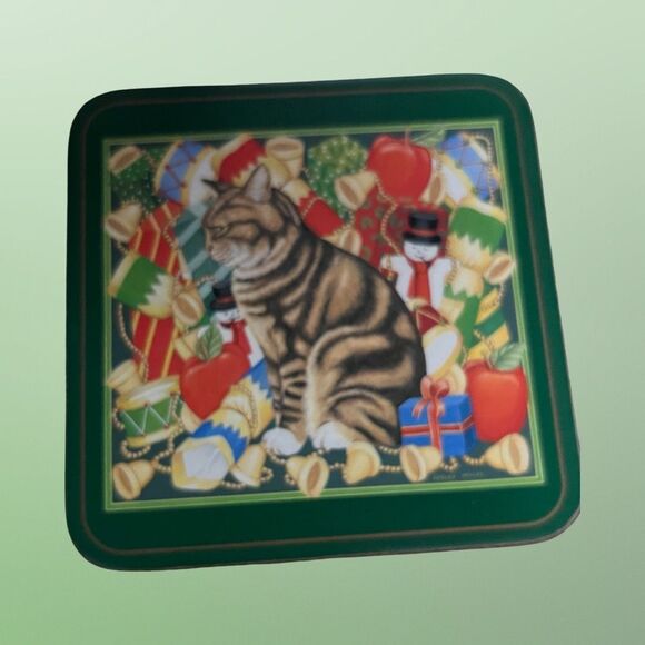 Set of 5 Pimpernel Christmas Cat Coaster Collection Cork Back Siamese Tabby B12 - Picture 3 of 6